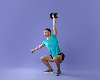 Photo of Man exercising with barbell on violet background