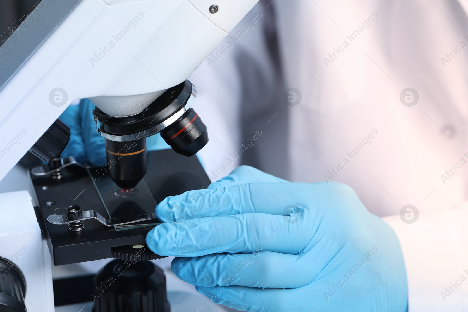 Photo of Scientist examining sample on slide under microscope, closeup