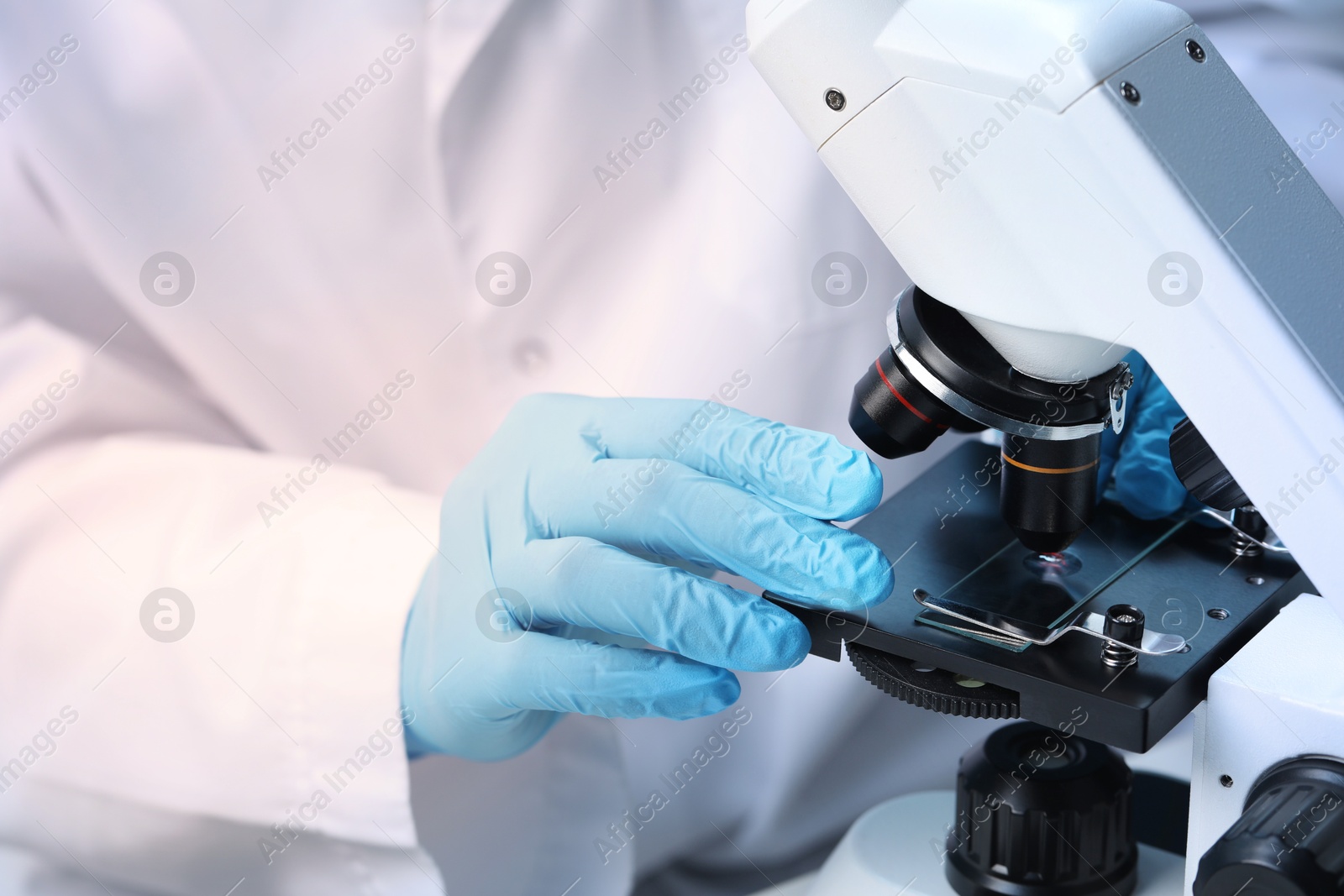 Photo of Scientist examining sample on slide under microscope, closeup