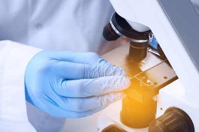 Photo of Scientist examining sample on slide under microscope, closeup