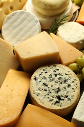 Photo of Different types of cheese, rosemary and grapes on table, closeup