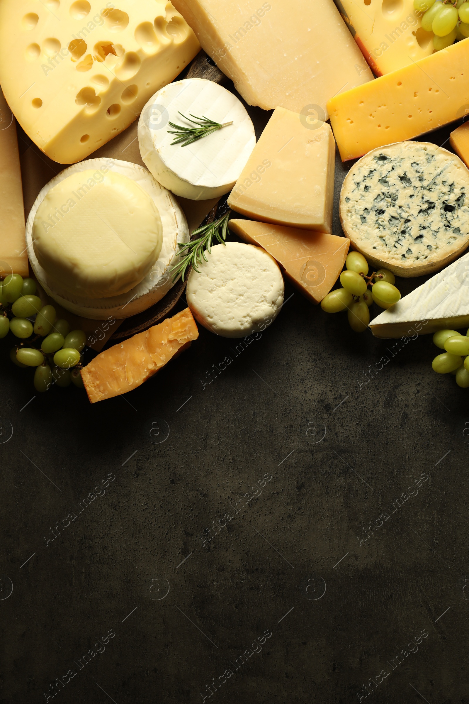 Photo of Different types of cheese, rosemary and grapes on dark textured table, flat lay. Space for text