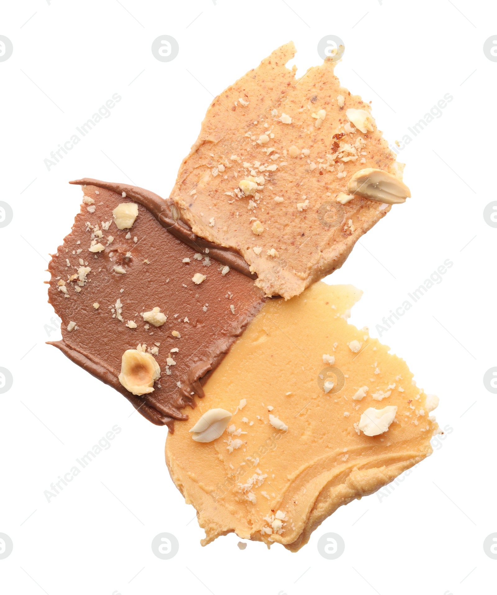 Photo of Different nut butters and nuts isolated on white, top view