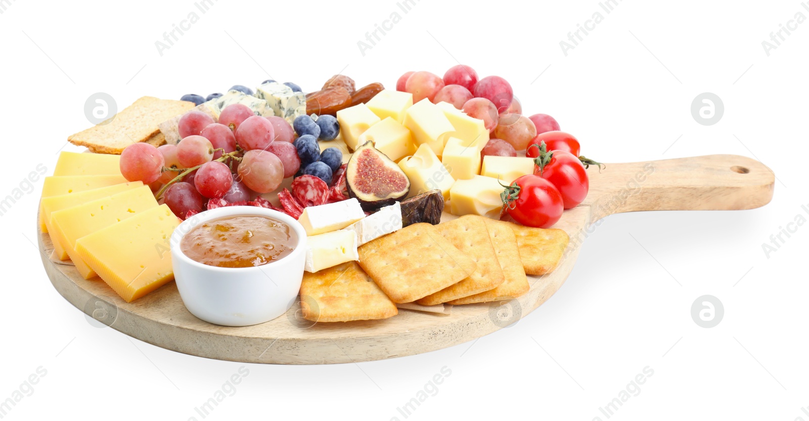 Photo of Different types of delicious cheese and other snacks isolated on white