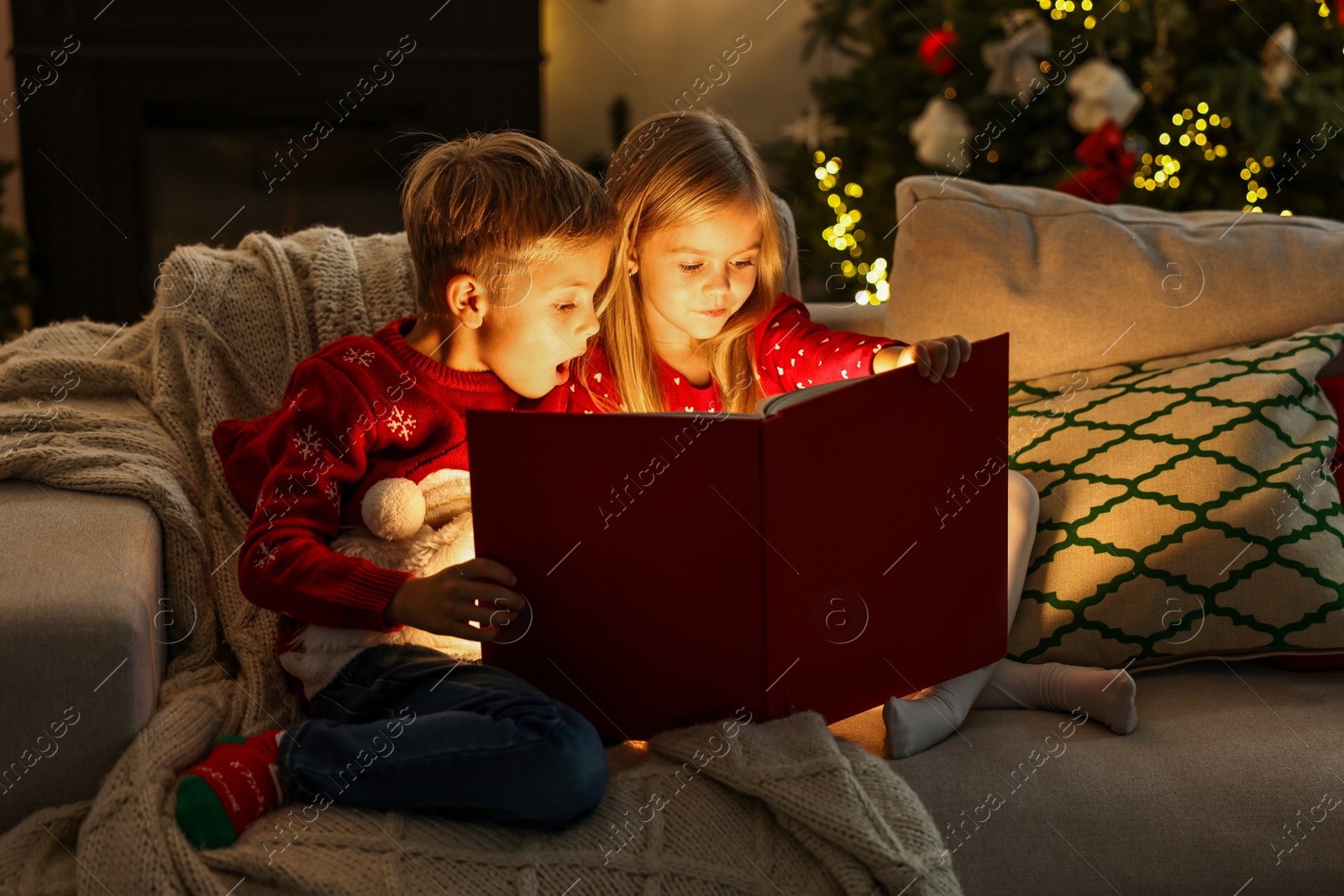 Photo of Little kids reading book on sofa at home. Christmas celebration