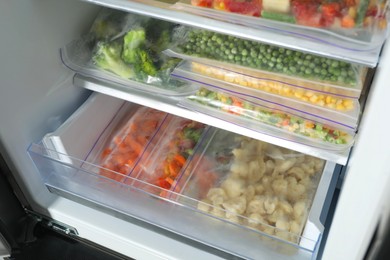 Photo of Plastic bags with different frozen vegetables in refrigerator