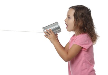 Photo of Girl using tin can telephone on white background