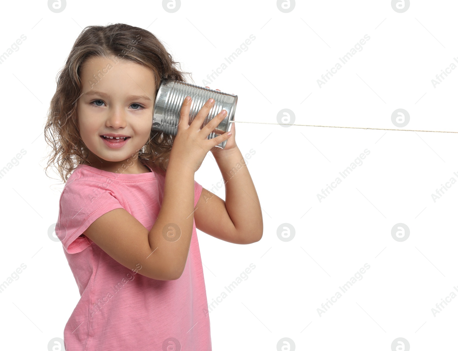 Photo of Girl using tin can telephone on white background