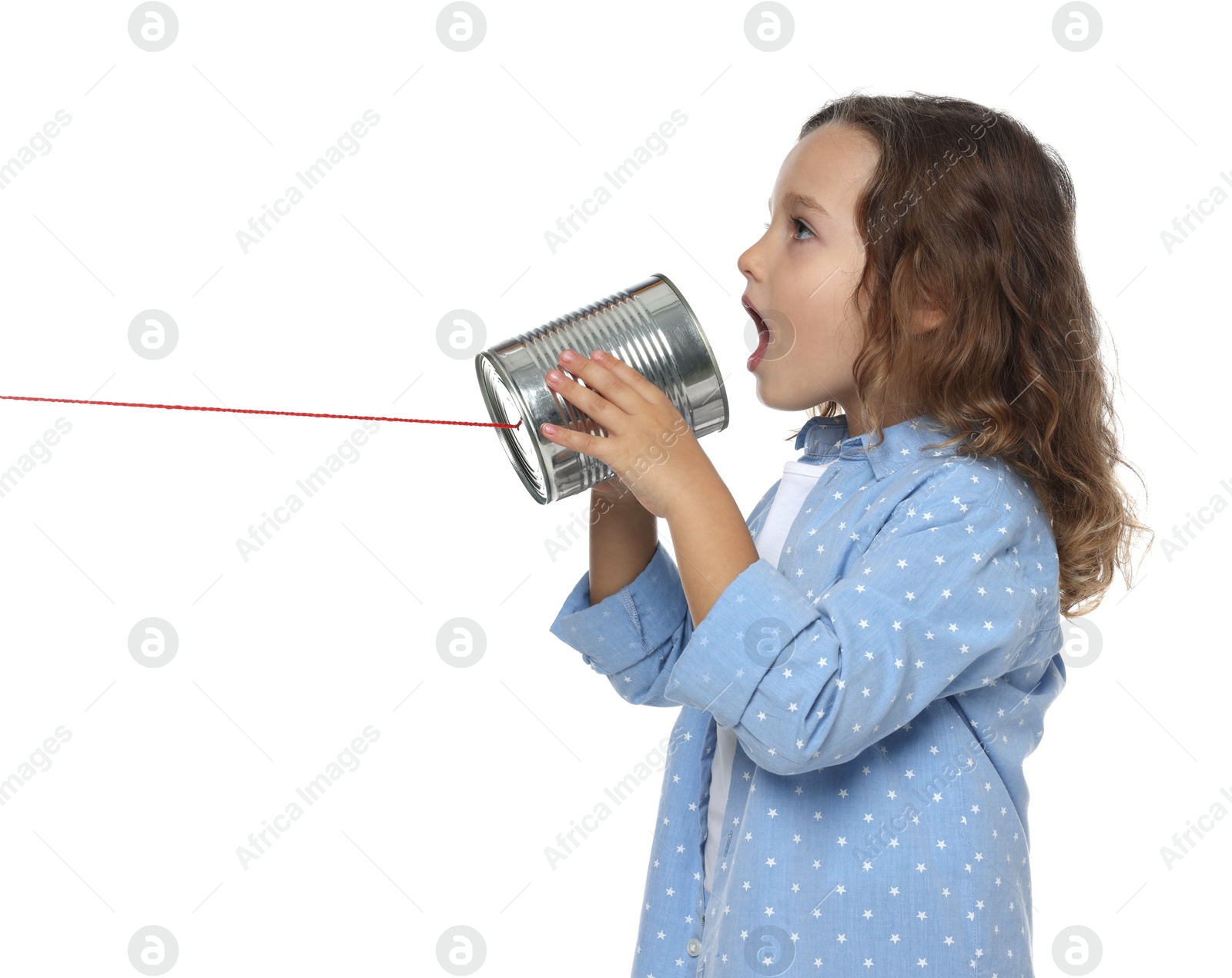 Photo of Girl using tin can telephone on white background