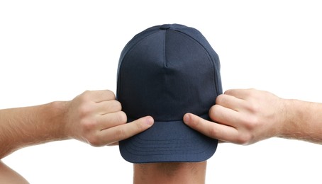 Photo of Man in stylish baseball cap on white background, back view. Mockup for design