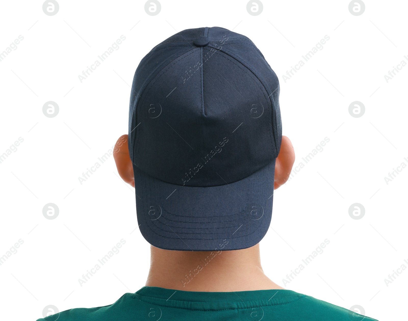 Photo of Man in stylish baseball cap on white background, back view. Mockup for design