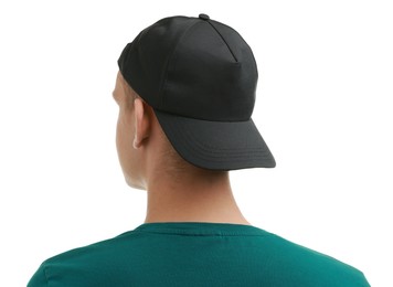 Photo of Man in stylish baseball cap on white background, back view. Mockup for design