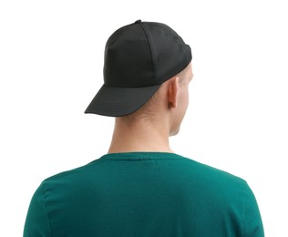 Photo of Man in stylish baseball cap on white background, back view. Mockup for design