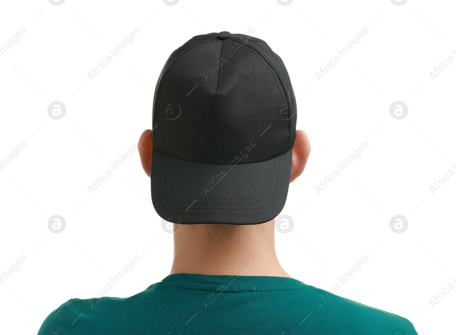 Photo of Man in stylish baseball cap on white background, back view. Mockup for design