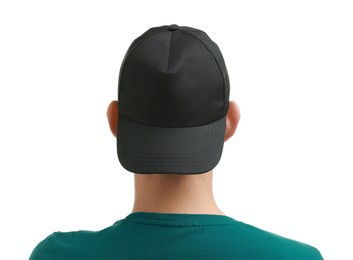 Photo of Man in stylish baseball cap on white background, back view. Mockup for design