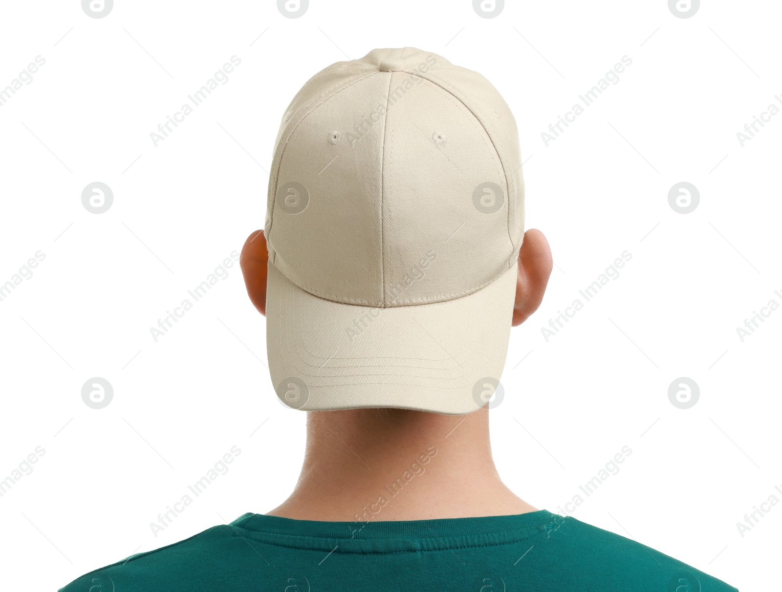 Photo of Man in stylish baseball cap on white background, back view. Mockup for design