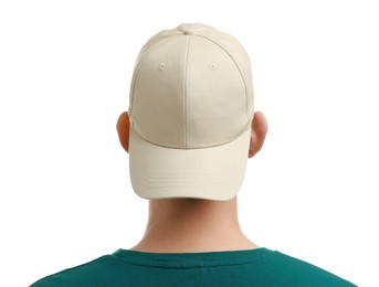 Photo of Man in stylish baseball cap on white background, back view. Mockup for design