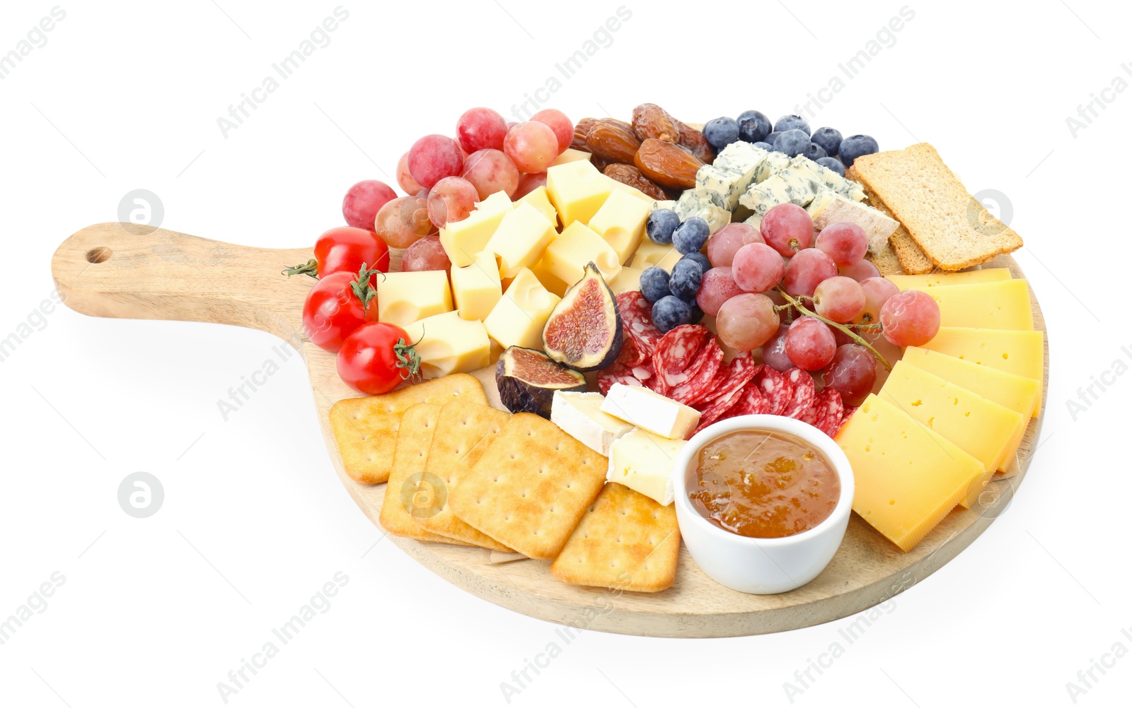 Photo of Different types of delicious cheese and other snacks isolated on white