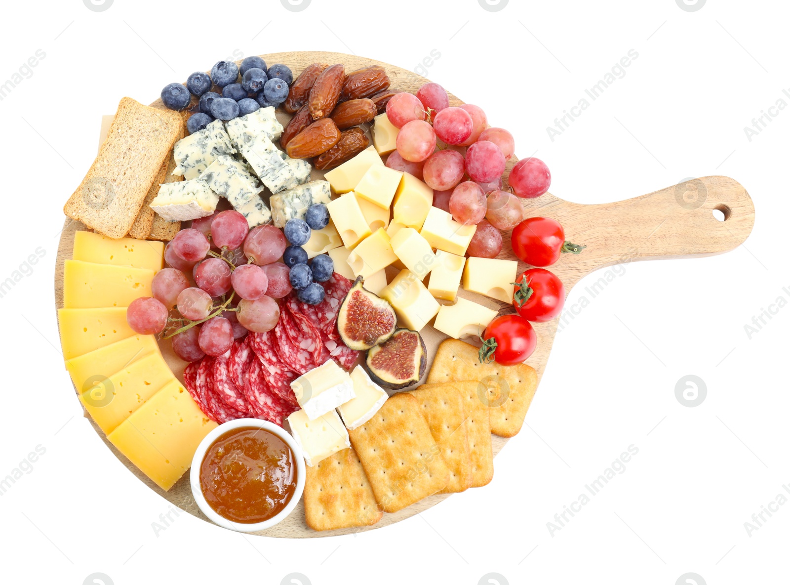 Photo of Different types of delicious cheese and other snacks isolated on white, top view