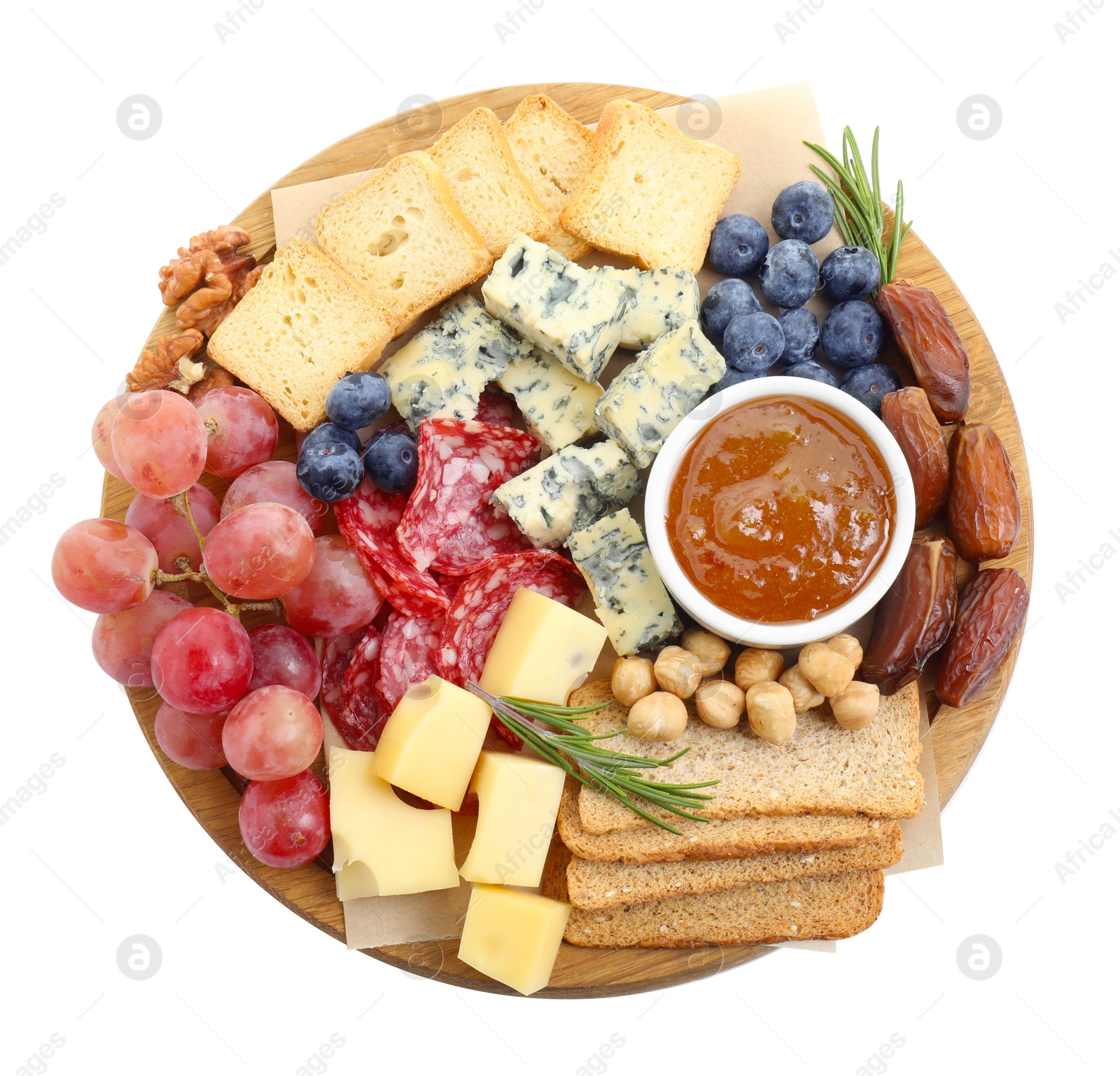 Photo of Different types of delicious cheese and other snacks isolated on white, top view