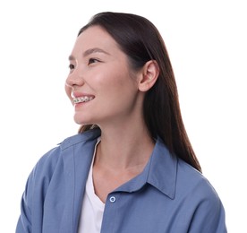 Photo of Woman with beautiful nose on white background. Rhinoplasty surgery