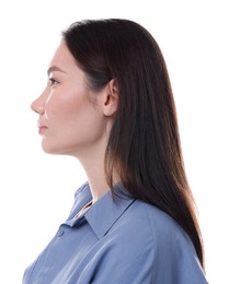 Photo of Woman with beautiful nose on white background. Rhinoplasty surgery