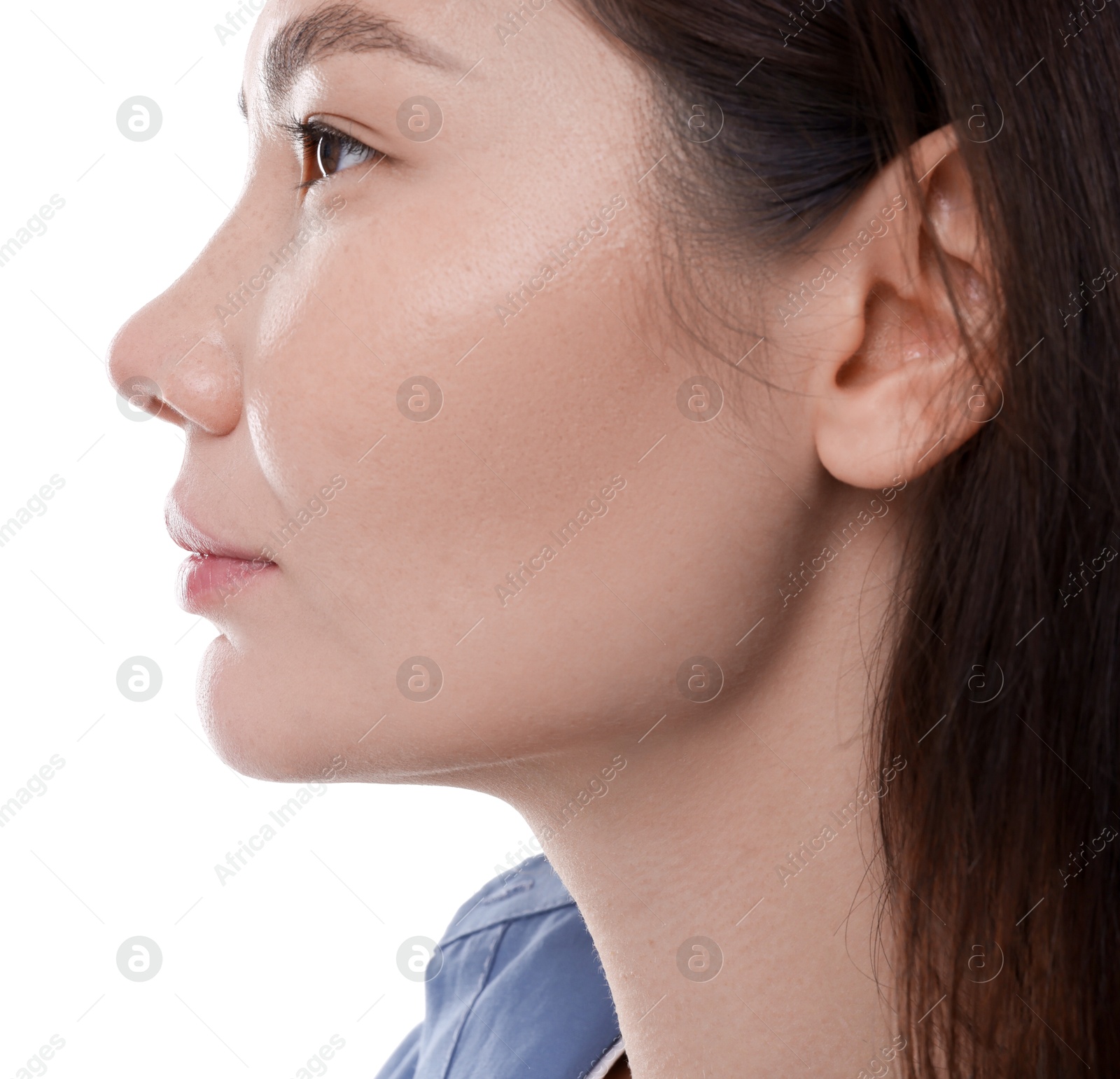 Photo of Woman with beautiful nose on white background, closeup. Rhinoplasty surgery