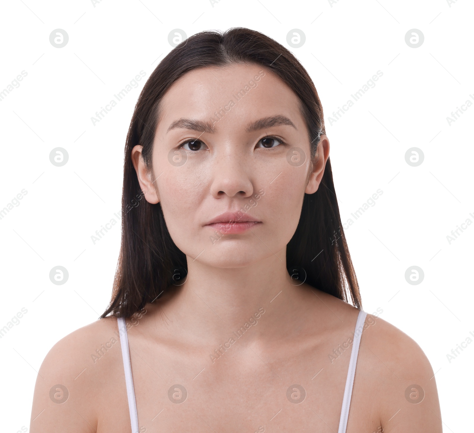 Photo of Woman with beautiful nose on white background. Rhinoplasty surgery