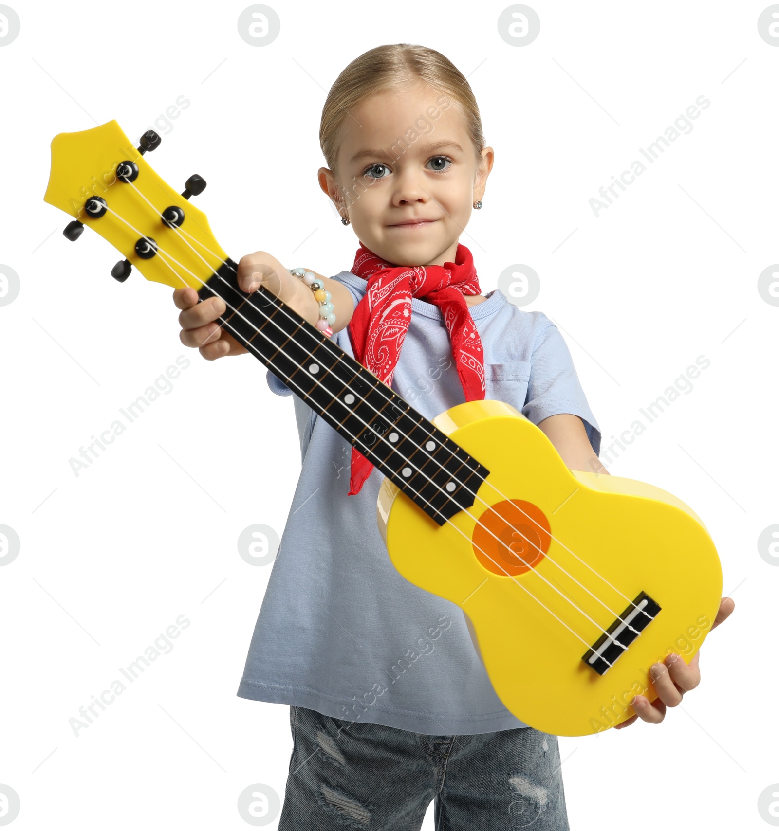 Photo of Little girl with ukulele on white background