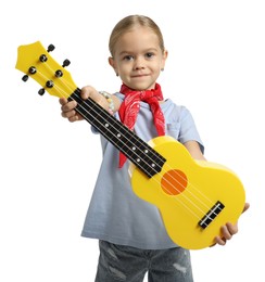 Photo of Little girl with ukulele on white background