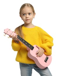 Photo of Little girl playing ukulele on white background