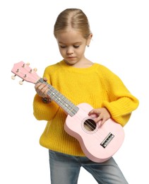 Photo of Little girl playing ukulele on white background