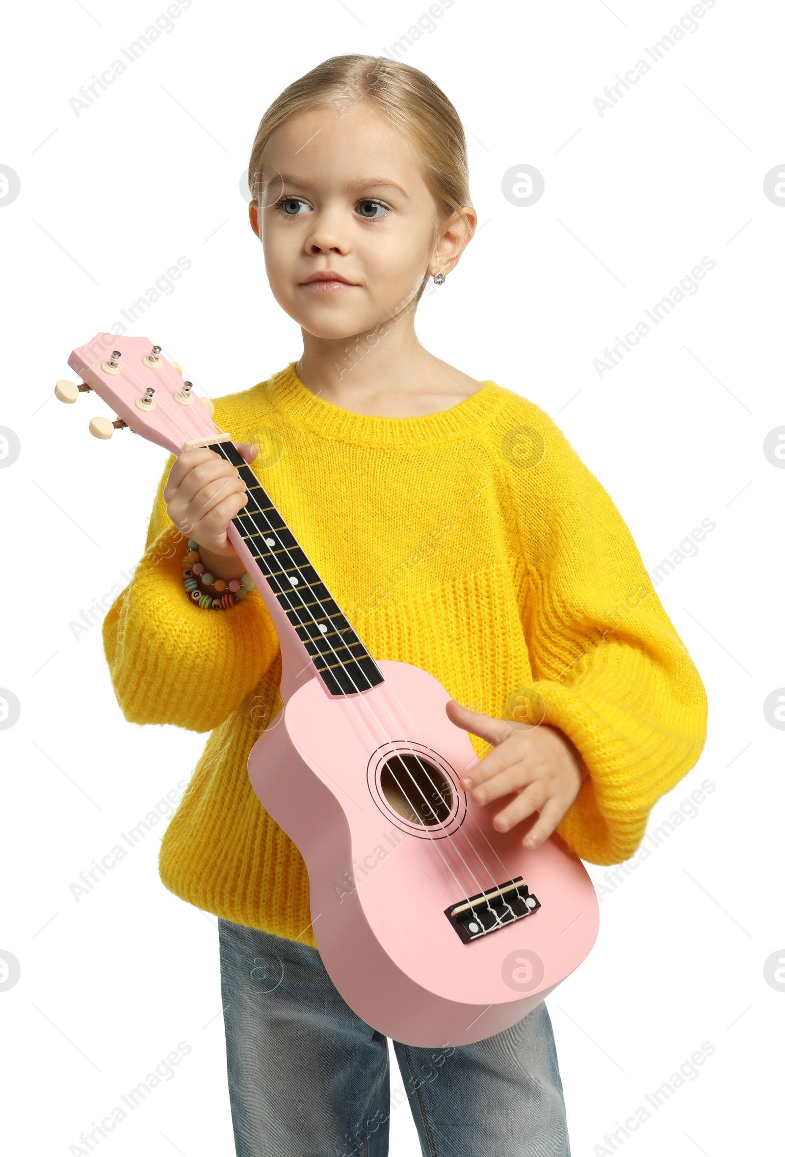 Photo of Little girl playing ukulele on white background