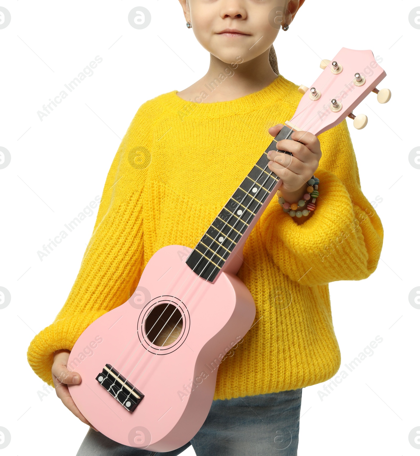 Photo of Little girl with ukulele on white background, closeup