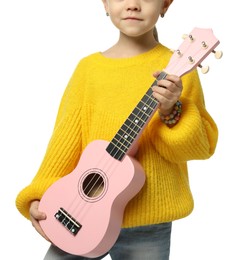 Photo of Little girl with ukulele on white background, closeup