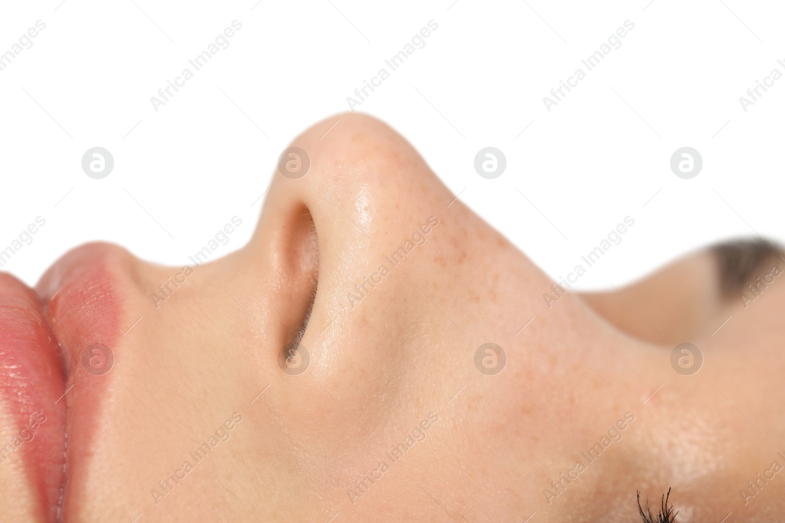 Photo of Woman with normal nasal septum isolated on white, closeup view