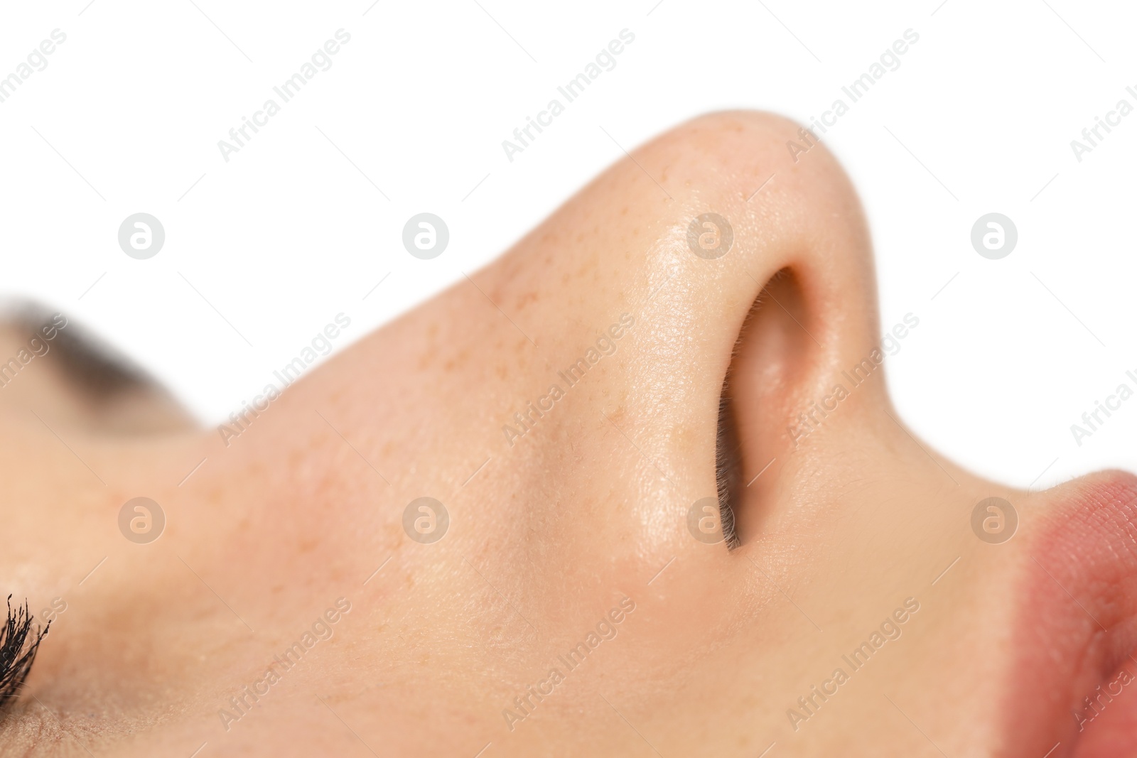 Photo of Woman with normal nasal septum isolated on white, closeup view