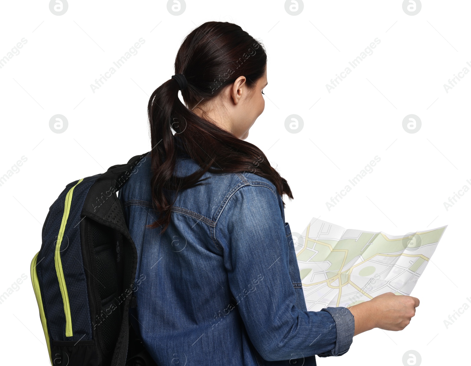 Photo of Young tourist with backpack and map on white background, back view