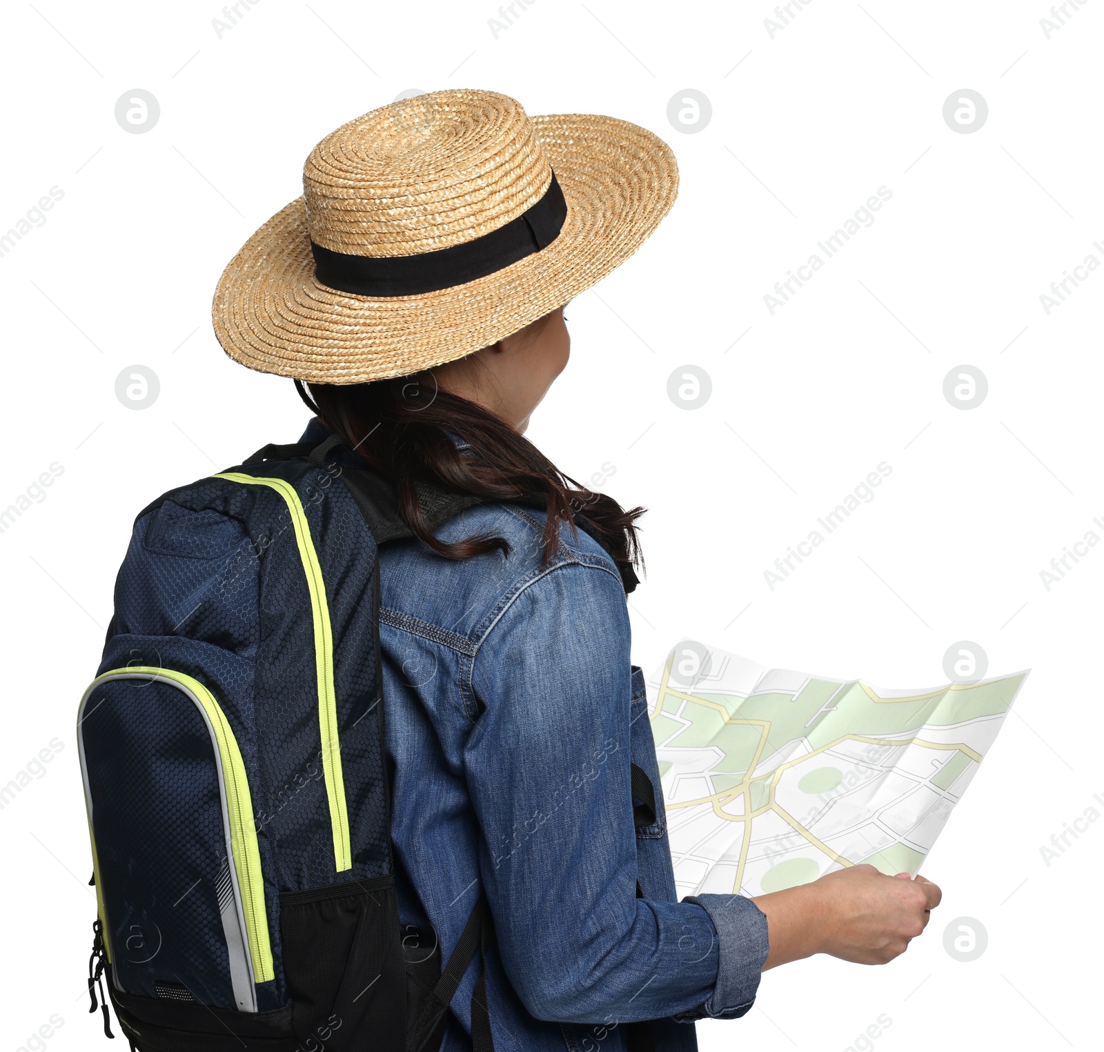 Photo of Young tourist in hat with backpack and map on white background, back view