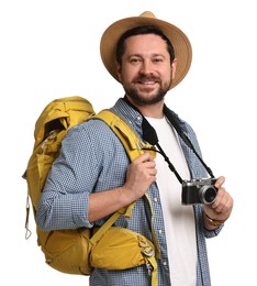 Photo of Happy tourist in hat with backpack and camera on white background