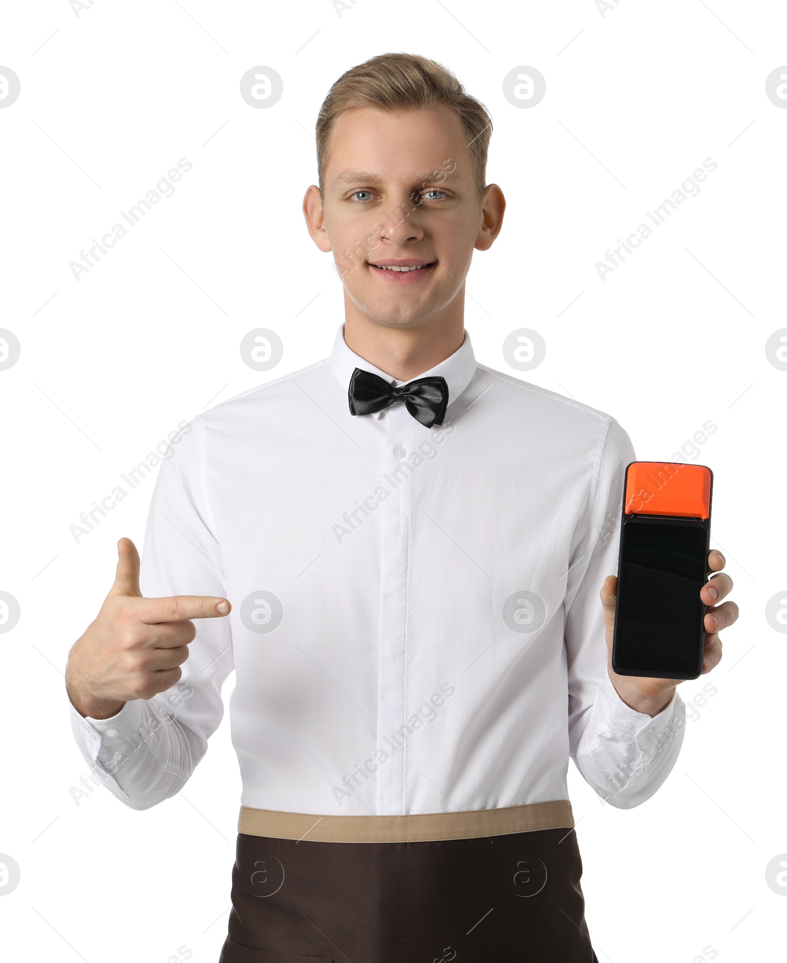 Photo of Happy waiter with payment terminal on white background