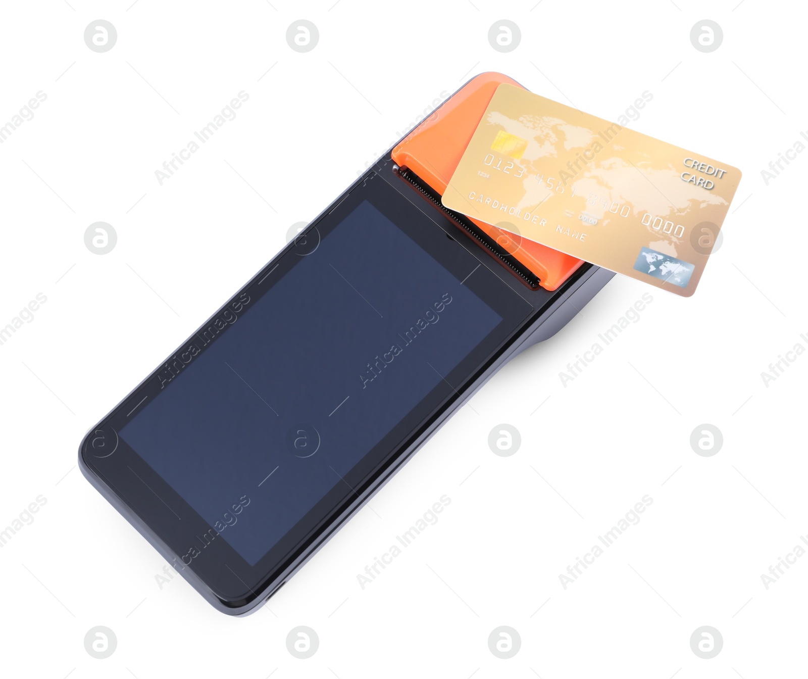 Photo of Payment terminal and credit card isolated on white, above view