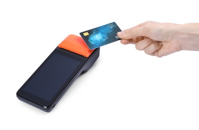 Photo of Woman with credit card using payment terminal on white background, closeup