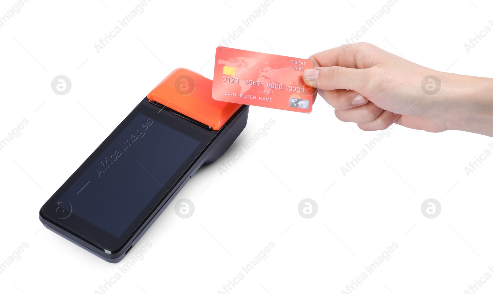 Photo of Woman with credit card using payment terminal on white background, closeup