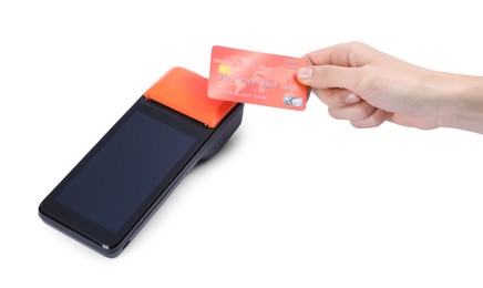 Photo of Woman with credit card using payment terminal on white background, closeup