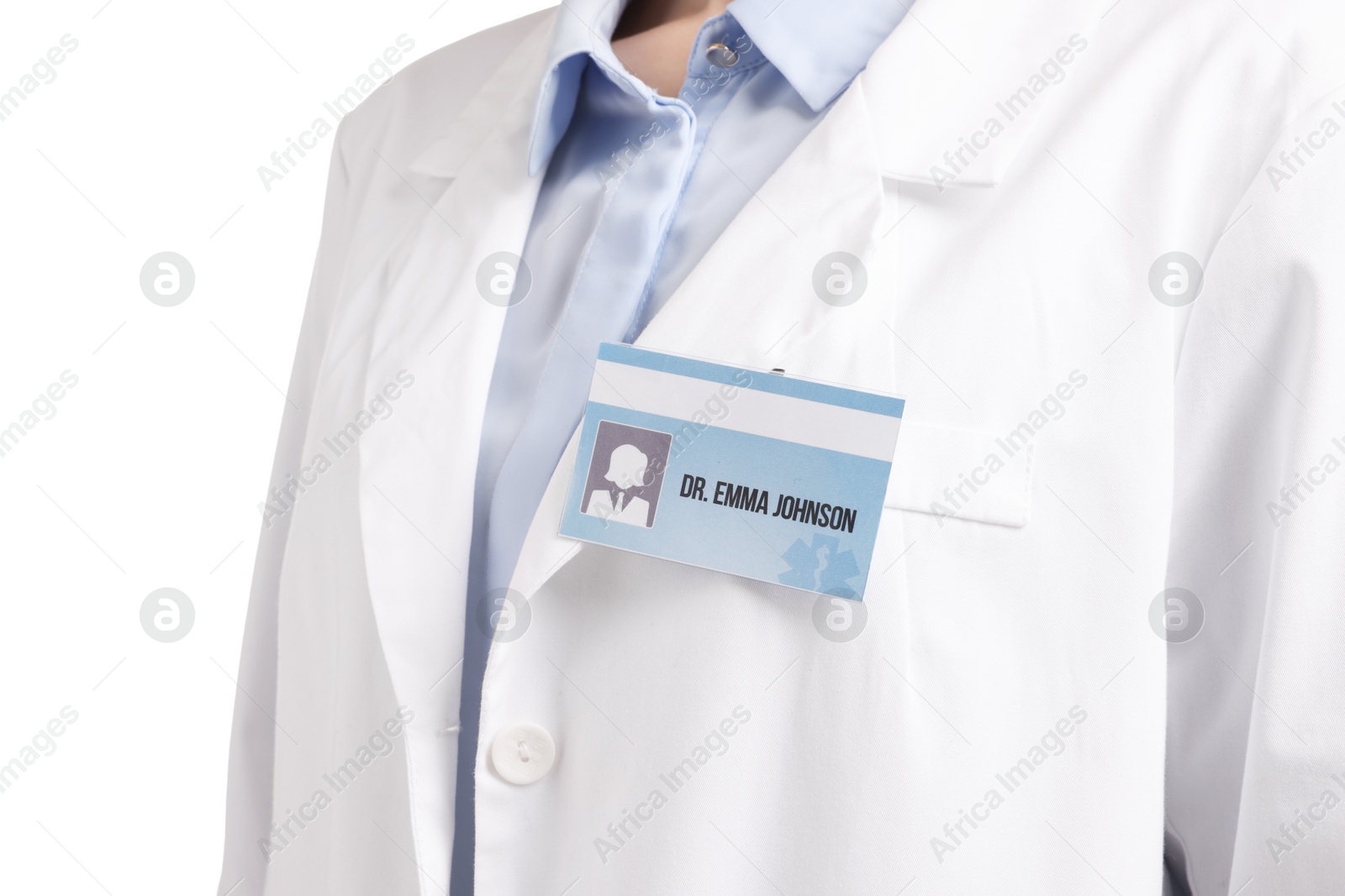 Photo of Doctor with badge on white background, closeup