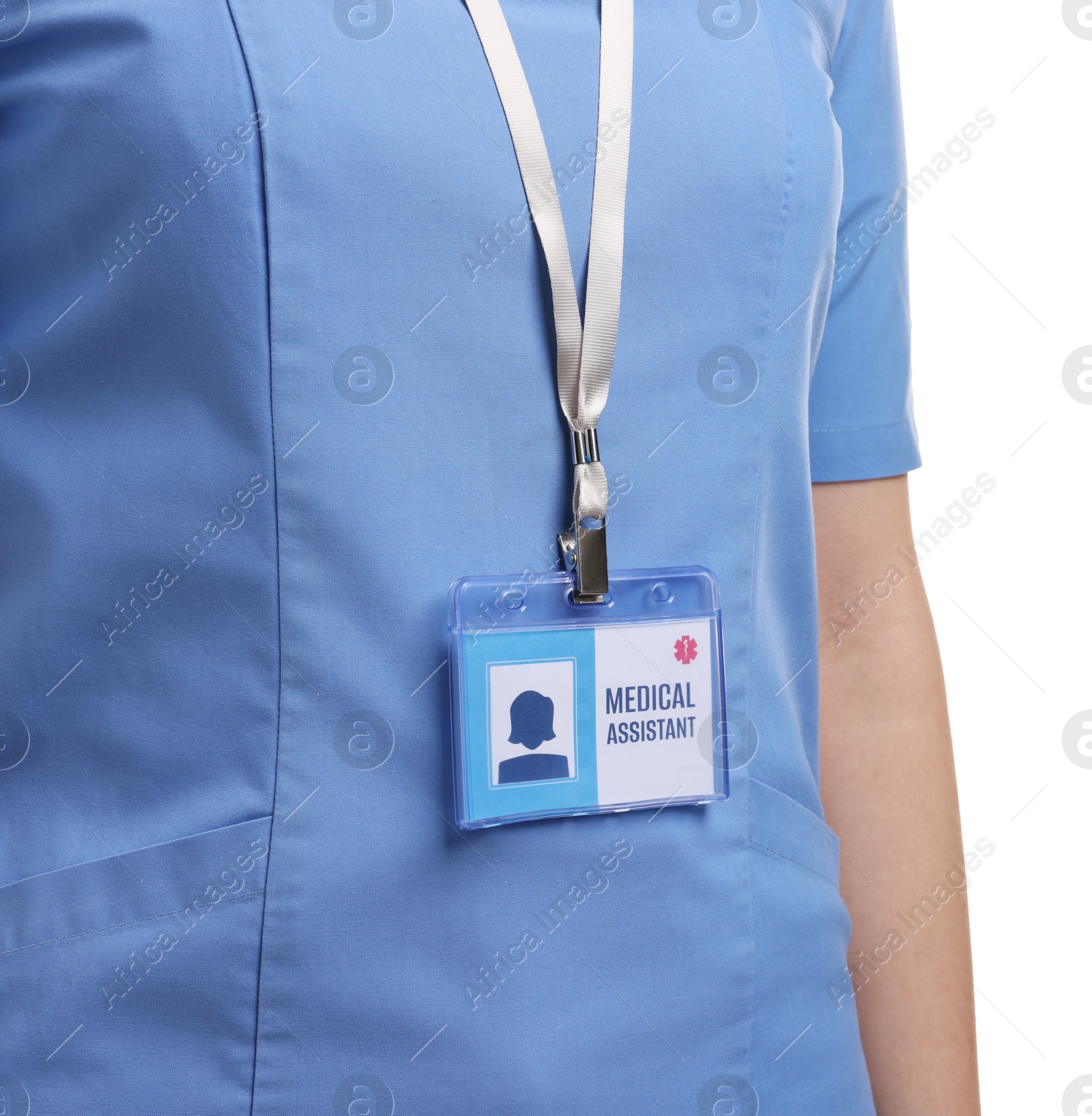 Photo of Medical assistant with badge on white background, closeup