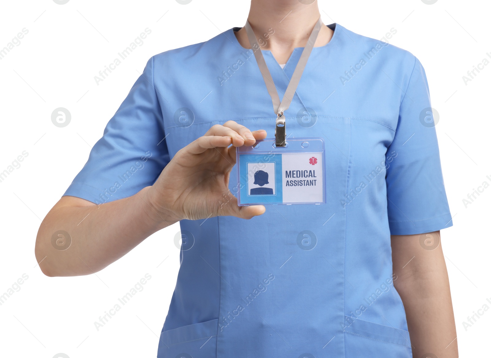 Photo of Medical assistant with badge on white background, closeup