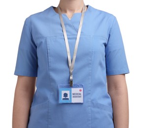 Photo of Medical assistant with badge on white background, closeup