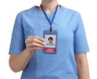 Photo of Medical assistant with badge on white background, closeup